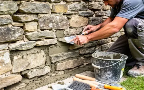 Un maçon applique du mortier sur un mur de pierres brutes, assurant un **traitement pierre** durable. Outils et seau de ciment à proximité.