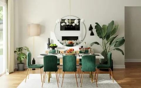 Une arche élégante sépare le salon de la salle à manger, révélant une table dressée avec des chaises en velours vert émeraude.