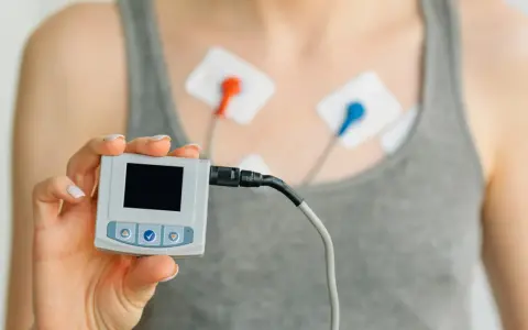 Holter co to? Urządzenie do monitorowania pracy serca z elektrodami na klatce piersiowej i małym rejestratorem w dłoni.