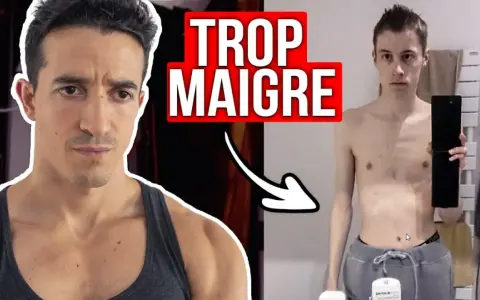 Un homme musclé regarde un jeune homme très maigre. Le texte "TROP MAIGRE" suggère un guide pour prendre de la masse musculaire quand on est maigre.