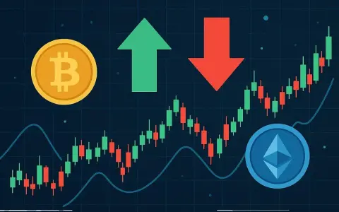 Wykresy świecowe pokazujące zmienność cen kryptowalut, z ikonami Bitcoina i Ethereum. Zielona strzałka w górę i czerwona w dół symbolizują sygnały kryptowalut.