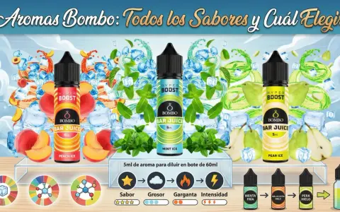 Aromas Bombo: melocotón, menta y pera helados. Elige tu sabor favorito para vapear.