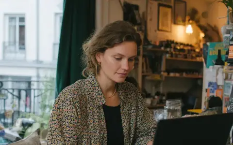 Kvinna med lockigt hår sitter vid en laptop och ska skriva mail. Hon bär en blommig skjorta och ett guldfärgat halsband.