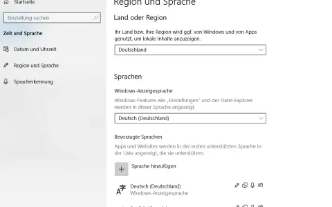 Windows-Einstellungen: Region und Sprache auf Deutsch umstellen. Das Land ist Deutschland, die Anzeigesprache ist Deutsch.