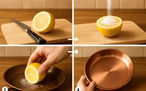 Pasos para limpiar el cobre: cortar limón, espolvorear sal, frotar con limón y ver el resultado brillante.