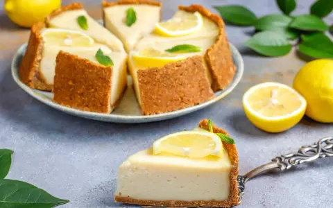 Un delicioso postre de limón con galletas, decorado con rodajas de limón y hojas de menta.