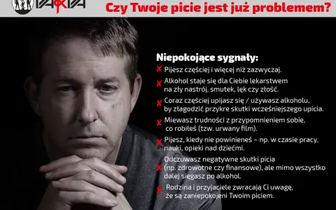 Zamyślony mężczyzna z dłońmi pod brodą. Obok lista sygnałów ostrzegawczych, wskazujących na codzienne picie alkoholu wieczorem jako problem.