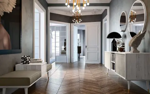 Ingresso di interni case moderne di lusso con parquet a spina di pesce, opere d'arte e arredi eleganti.