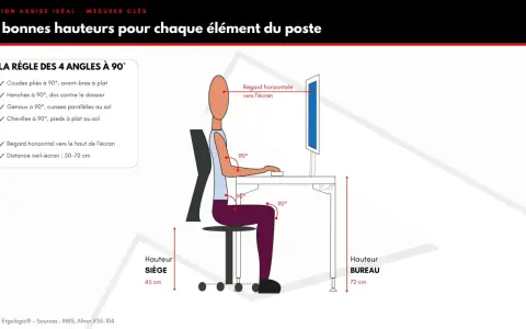 Illustration d'une personne assise à un bureau, respectant la règle des 4 angles à 90°. La bonne hauteur du poste de travail est essentielle pour une posture ergonomique.