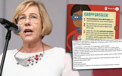 Kobieta z mikrofonem i plakat o zasadach dotyczących ciała. Parzel i siwers mam ten stan, bo to ważne dla dzieci.