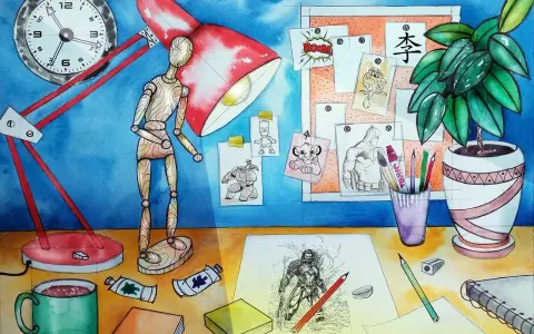 Artysta tworzy, czy manga to komiks? Na biurku leżą szkice postaci z kreskówek i komiksów, farby, ołówki i lalka-manekin.