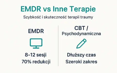 Porównanie EMDR z innymi terapiami: EMDR wymaga 8-12 sesji, oferując 70% redukcji objawów traumy.