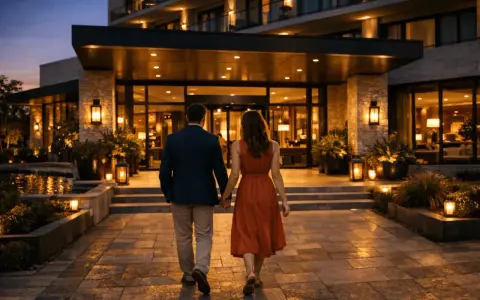 Para, trzymając się za ręce, idzie w stronę luksusowego hotelu. Idealne miejsce, gdzie na weekend we dwoje.