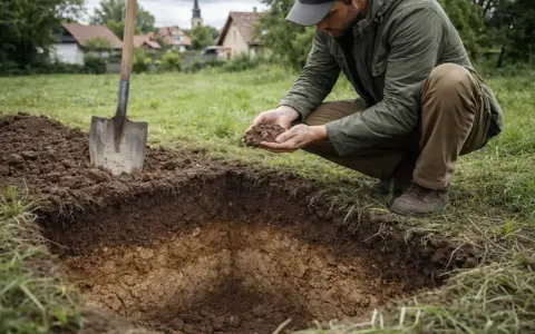 Mężczyzna bada gleby pochodzenia mineralnego, trzymając grudkę ziemi w dłoniach. Obok stoi łopata.