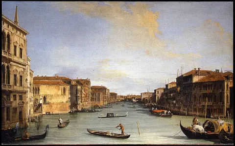 Peinture d'un canal à Venise avec des gondoles et des bâtiments historiques.