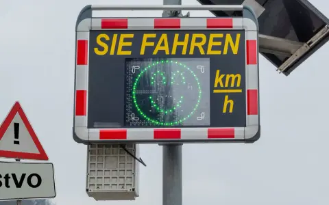Digitale Anzeige zeigt "SIE FAHREN" und Ihre Geschwindigkeit. Achtung, Blitzergefahr! Vermeiden Sie eine Strafe.