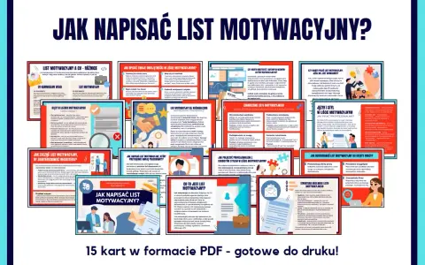 Zbiór poradników o tym, jak napisać list motywacyjny, zawiera wskazówki, błędy i przykłady. 15 kart PDF gotowych do druku.
