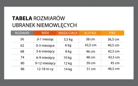 Tabela rozmiarów ubranek niemowlęcych: 9-12 miesięcy to rozmiar 80, waga 12 kg, klatka 50 cm, pas 45 cm.