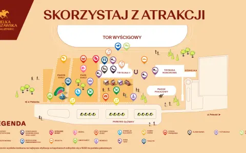 Mapa atrakcji na Wielkiej Warszawskiej Tor Służewiec: tor wyścigowy, park biały, padoki, trybuny, gastronomia, atrakcje dla dzieci i wiele więcej.