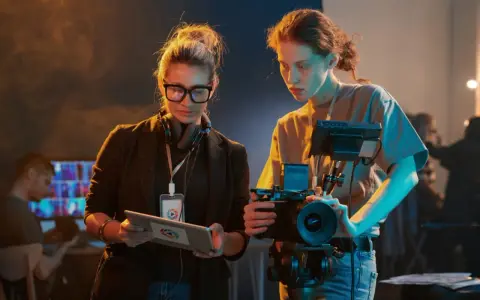 Due donne discutono le tecniche di ripresa, una con tablet, l'altra con videocamera.