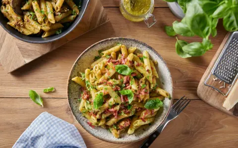 Makaron penne z pesto, boczkiem i bazylią na drewnianym stole.