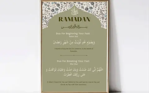 Gerahmtes Bild mit arabischer Kalligrafie und Texten für Ramadan, inklusive der Dua zum fasten und Suhur.