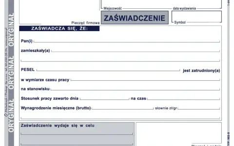 Formularz zaświadczenia o zatrudnieniu, zawierający pola na dane pracownika, stanowisko, wynagrodzenie i cel wydania dokumentu.