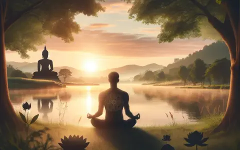 En person sitter i meditation vid en sjö, med en Buddha-staty i bakgrunden. Solnedgången skapar en fridfull atmosfär för meditation och buddhism.