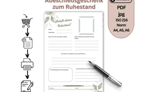 Abschiedsgeschenk zum Ruhestand: Eine freundebuch vorlage zum Ausfüllen mit Feldern für Name, Spitzname, Erinnerungen und Wünsche.