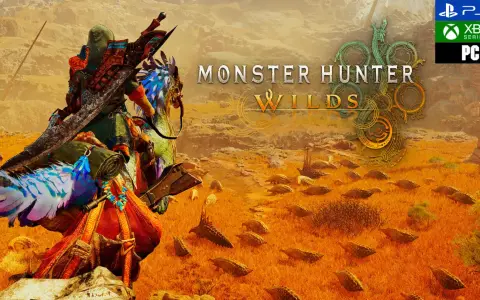 Cazador con armadura colorida y gran espada, montado en una criatura emplumada, en un paisaje desértico con muchas criaturas pequeñas. Monster Hunter Wilds.
