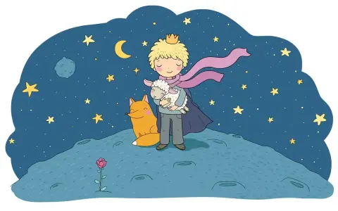 Mały Książę z owieczką i lisem na tle nocnego nieba z gwiazdami i księżycem.