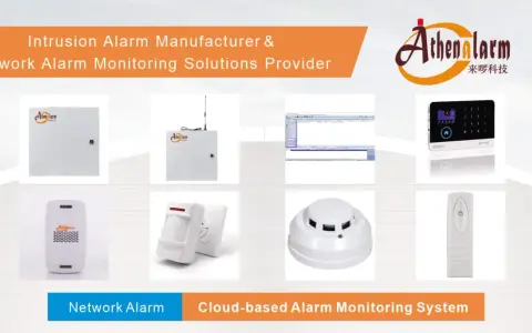 Athena Alarm offers network alarm monitoring solutions, showcasing control panels, motion sensors, smoke detectors, and keypads for comprehensive security.