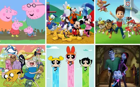 Collage de series animadas antiguas: Peppa Pig, Mickey y amigos, Paw Patrol, Hora de Aventura, Las Chicas Superpoderosas y Vampirina.