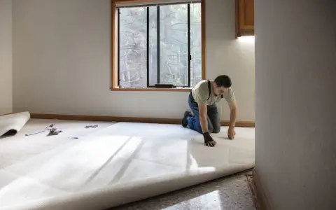 Un hombre instala una moqueta nueva en una habitación vacía. La moqueta es de color crema y se desenrolla por el suelo.