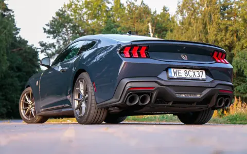 Ciemnoszary Ford Mustang, niczym wino dark horse, prezentuje swoje sportowe linie na tle zieleni. Widok z tyłu podkreśla mocne światła i podwójne końcówki wydechu.