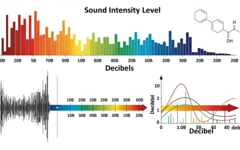 Graphiques illustrant le niveau d'intensité sonore, avec une échelle de seuil décibel colorée et des courbes représentant des variations.