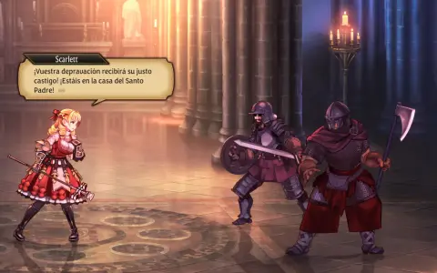 Scarlett, en el mundo de Unicorn Overlord, se enfrenta a dos guardias en una catedral.