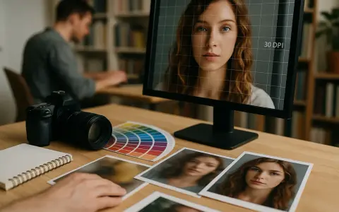 Grafik komputerowy pracuje nad zmianą DPI portretu na monitorze. Obok leżą aparat, próbnik kolorów i wydrukowane zdjęcia.