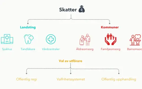 Skattepengar finansierar landstingens och kommunernas viktiga **public service** som sjukvård, tandvård, äldre-, familje- och barnomsorg.