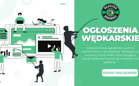 Grafika promuje promocje wędkarskie. Ludzie korzystają z komputerów i telefonów, tworząc ogłoszenia dla wędkarzy.
