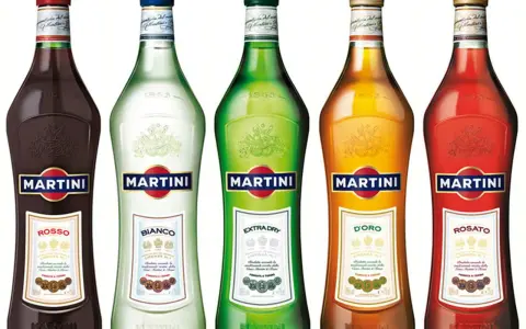Fünf Flaschen Martini: Rosso, Bianco, Extra Dry, D'Oro und Rosato. Die Martini Herstellung hat eine lange Tradition.