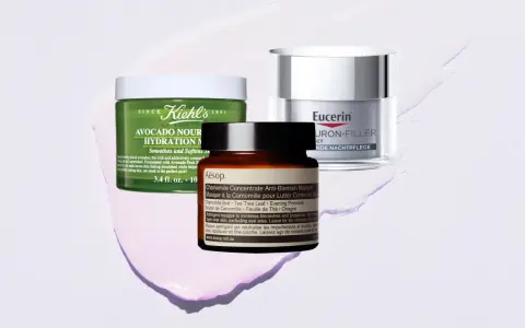 Drei Hautpflegeprodukte: Kiehl's Avocado, Eucerin Hyaluron-Filler, Aesop Chamomile.