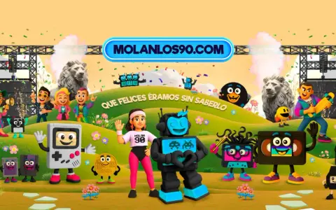Personajes icónicos de los 90, como un teléfono rojo y una consola portátil, celebran en un festival. ¡Qué felices éramos sin saberlo! Molanlos90.com.