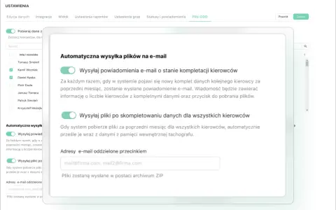 Ustawienia automatycznej wysyłki plików na e-mail. Status karty kierowcy jest widoczny w panelu.