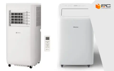 Dos aires acondicionados portátiles blancos, uno de la marca "ORIGINAL" con rejilla frontal y otro "Hisense", junto a un mando a distancia.
