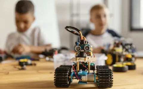 Dzieci budują roboty, ucząc się programowania i inżynierii. W centrum mały robot z czujnikami, w tle chłopcy pracujący nad projektami.