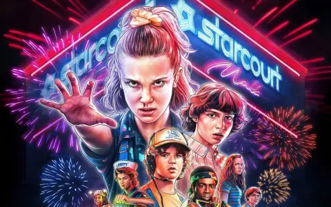 Eleven i jej przyjaciele z Stranger Things 3 gotowi do walki pod neonowym szyldem Starcourt Mall, otoczeni fajerwerkami.