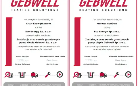 Certyfikat pompy ciepła dla Artura Krawętkowskiego i Mariusza Sobótki z firmy Eco Energy Sp. z o.o. potwierdzający uprawnienia do montażu i serwisu.