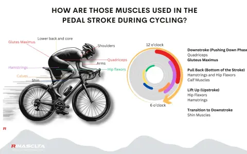 Diagram showing what muscles bike riding works: glutes, hamstrings, calves, shin, lower back, core, shoulders, arms, hip flexors, and quadriceps.
