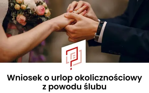 Wniosek o urlop okolicznościowy z powodu ślubu. Dłoń pana młodego zakłada obrączkę na palec panny młodej.